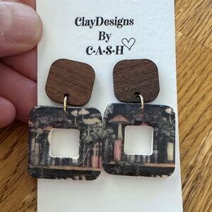 Wood and Clay Square Earrings